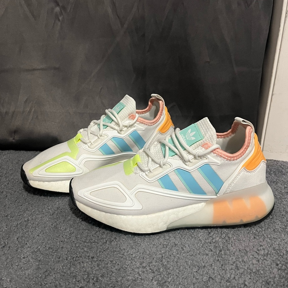 Adidas White Sneakers with Blue and Neon Accents